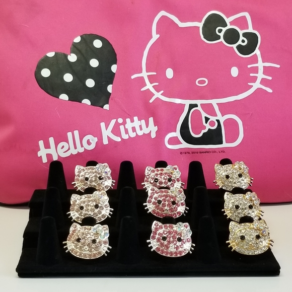 Hello Kitty Adjustable Rhinestone Logo Ring Pink and Silver New - Picture 6 of 6